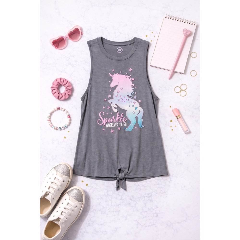 Girls Unicorn Sparkle Tank Top XL 14-16 Gray Racerback Sleeveless Shirt